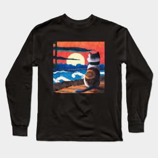 Cat watching sunset - Japanese style painting Long Sleeve T-Shirt